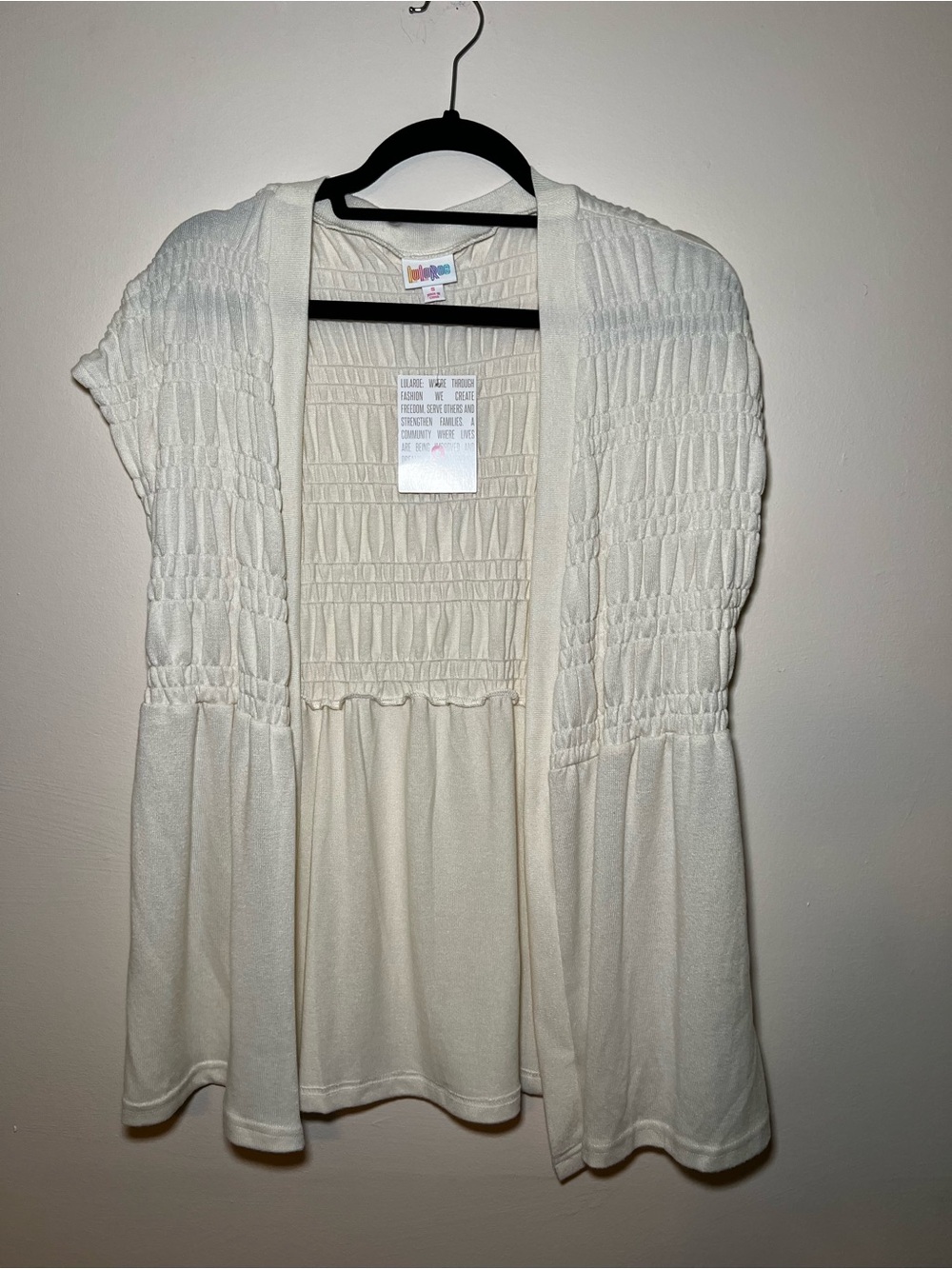 LuLaRoe Kaylin Cream Smocked Open-Front Cardigan